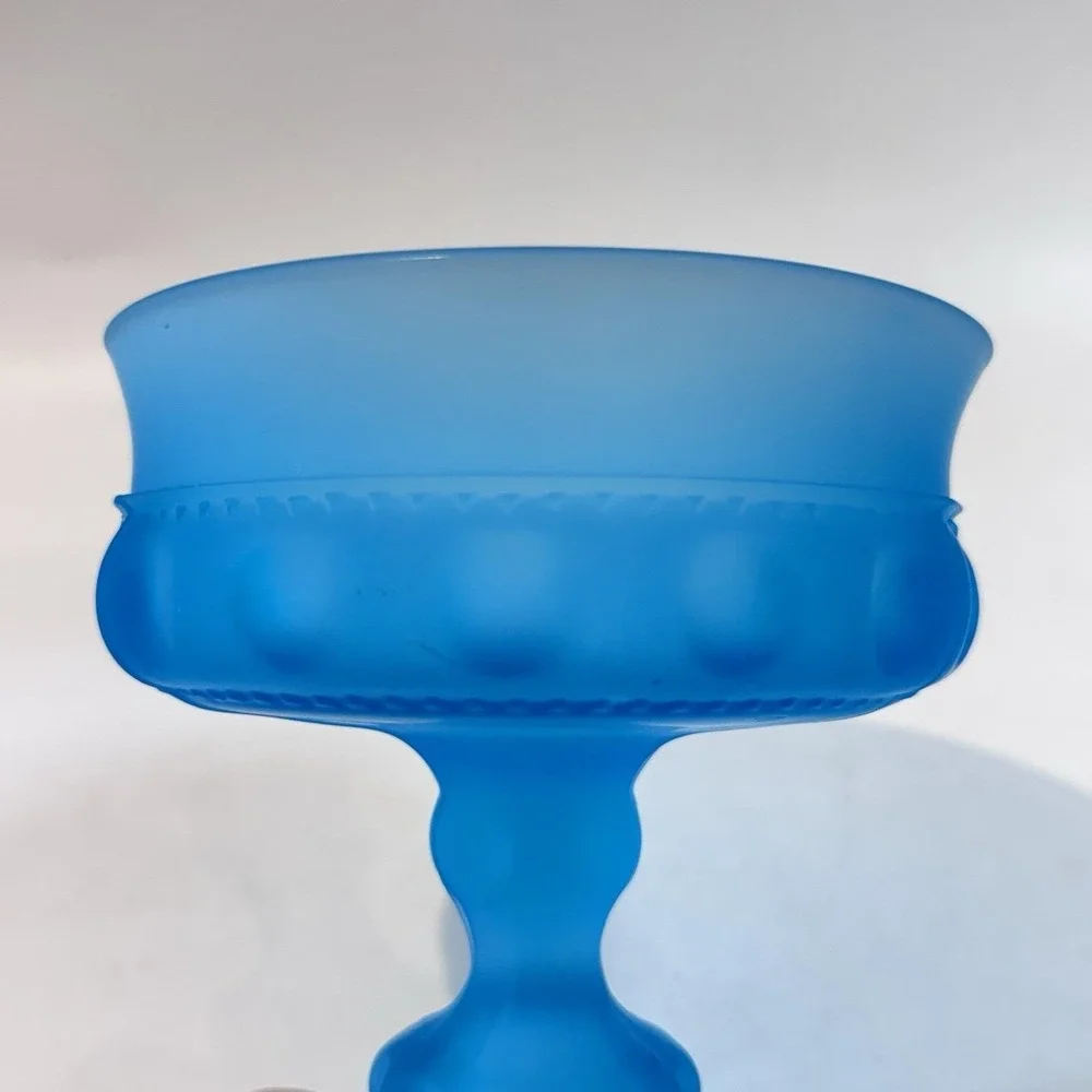 Vintage Fenton‎ Blue Satin Glass Compote Pedestal Candy Nut Bowl Dish Thumbprint